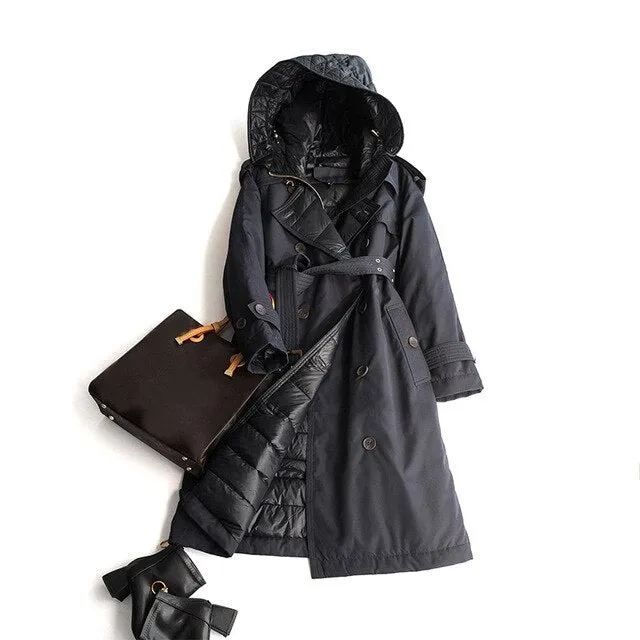 2020 High Quality Trench Jacket Winter Women's Hooded White Duck Down Jacket Thick Warm Long Down Parka Windbreak Coat With Belt