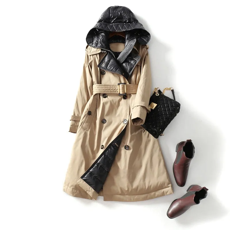 2020 High Quality Trench Jacket Winter Women's Hooded White Duck Down Jacket Thick Warm Long Down Parka Windbreak Coat With Belt