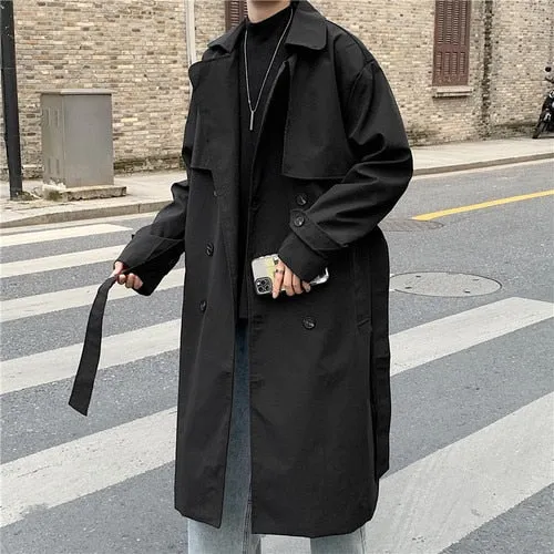 Aidase Men Design Pockets Solid Double Breasted Oversize Leisure Teens Long Coats Sashes Stylish Outwear Hombre Korean Style BF