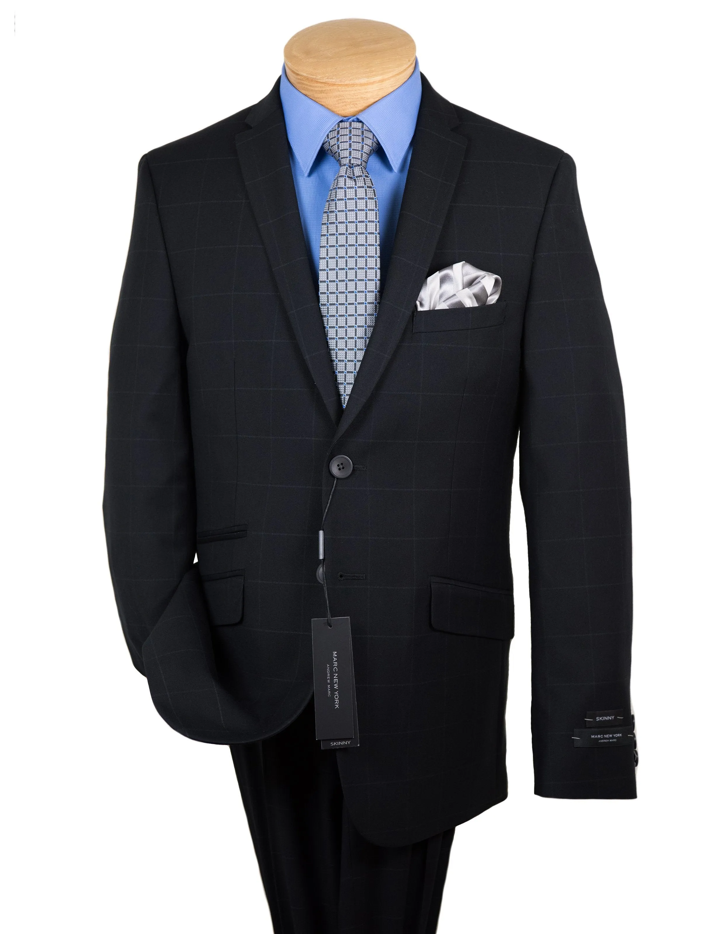 Andrew Marc 27435 69% Polyester / 29% Polyester / 2% Spandex Boy's Skinny Fit Suit- Black - Windowpane