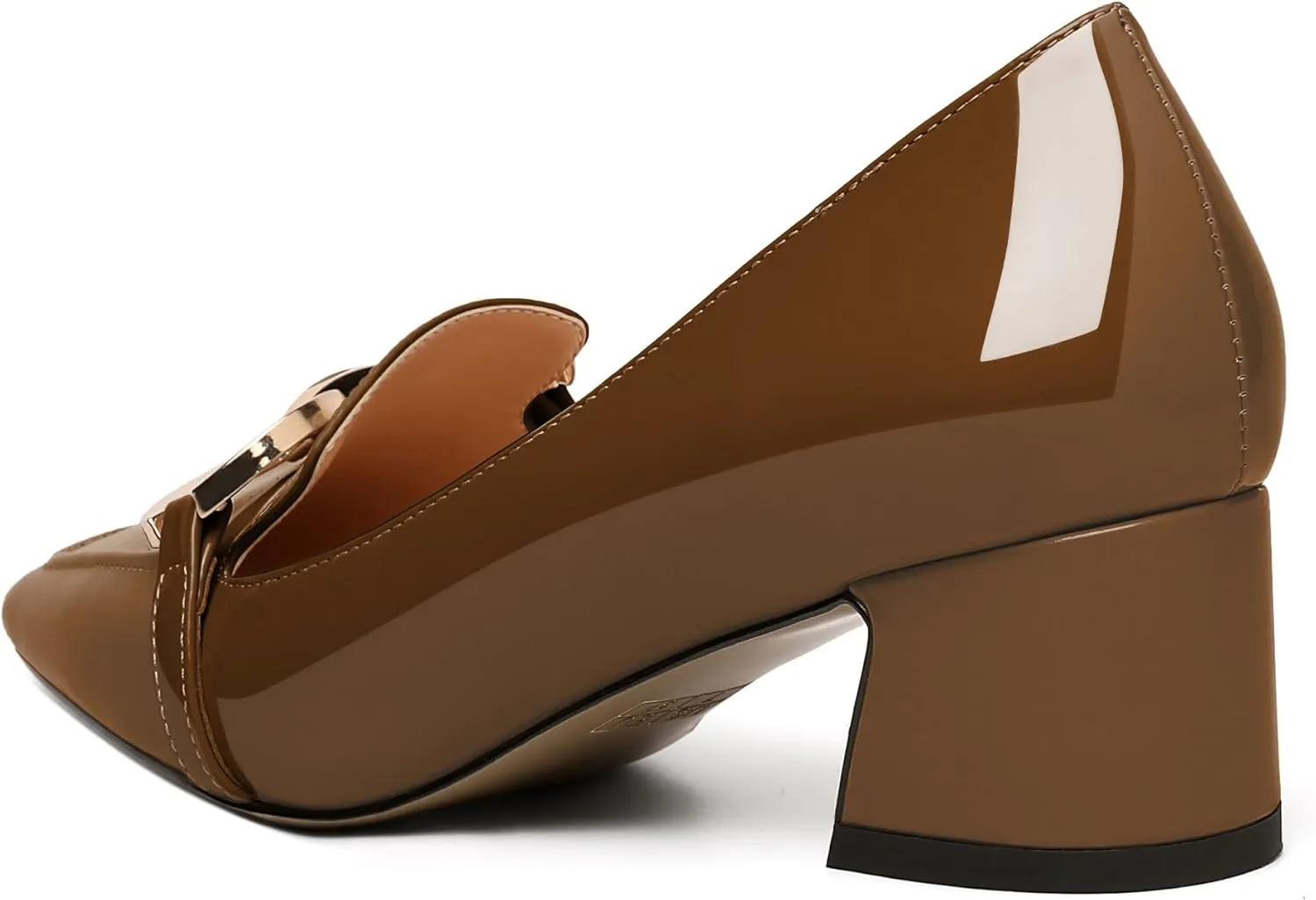 AUMOTED Women's Heels Chunky Low Block Square Toe Dress Shoes with Gold Metal Chain Wedding Party Office Patent Summer Comfortable Pumps
