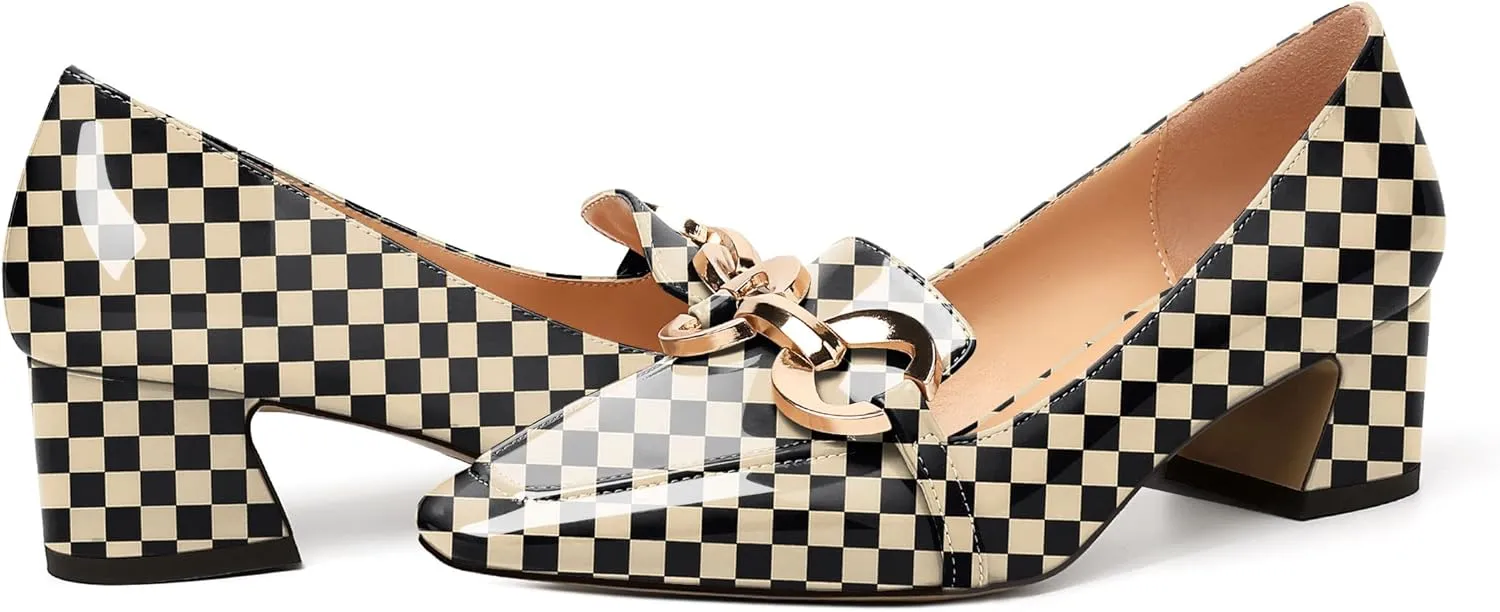 AUMOTED Women's Heels Chunky Low Block Square Toe Dress Shoes with Gold Metal Chain Wedding Party Office Patent Summer Comfortable Pumps