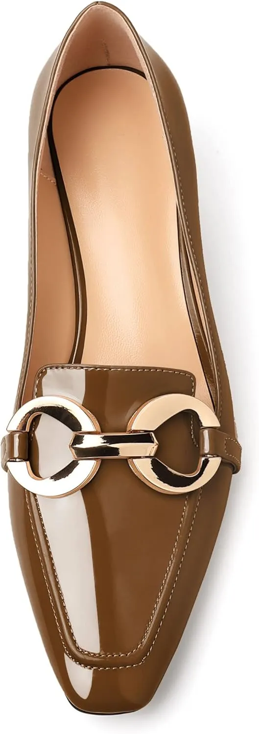 AUMOTED Women's Heels Chunky Low Block Square Toe Dress Shoes with Gold Metal Chain Wedding Party Office Patent Summer Comfortable Pumps