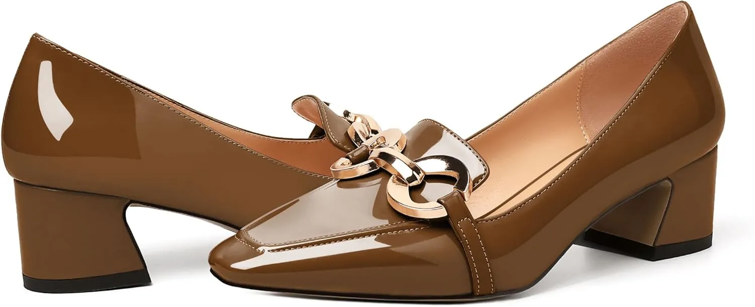 AUMOTED Women's Heels Chunky Low Block Square Toe Dress Shoes with Gold Metal Chain Wedding Party Office Patent Summer Comfortable Pumps