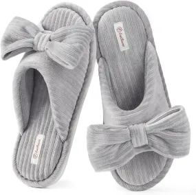 EverFoams Women's Open-Toe Bow Slippers with Memory Foam Indoor House Non-Slip Sole