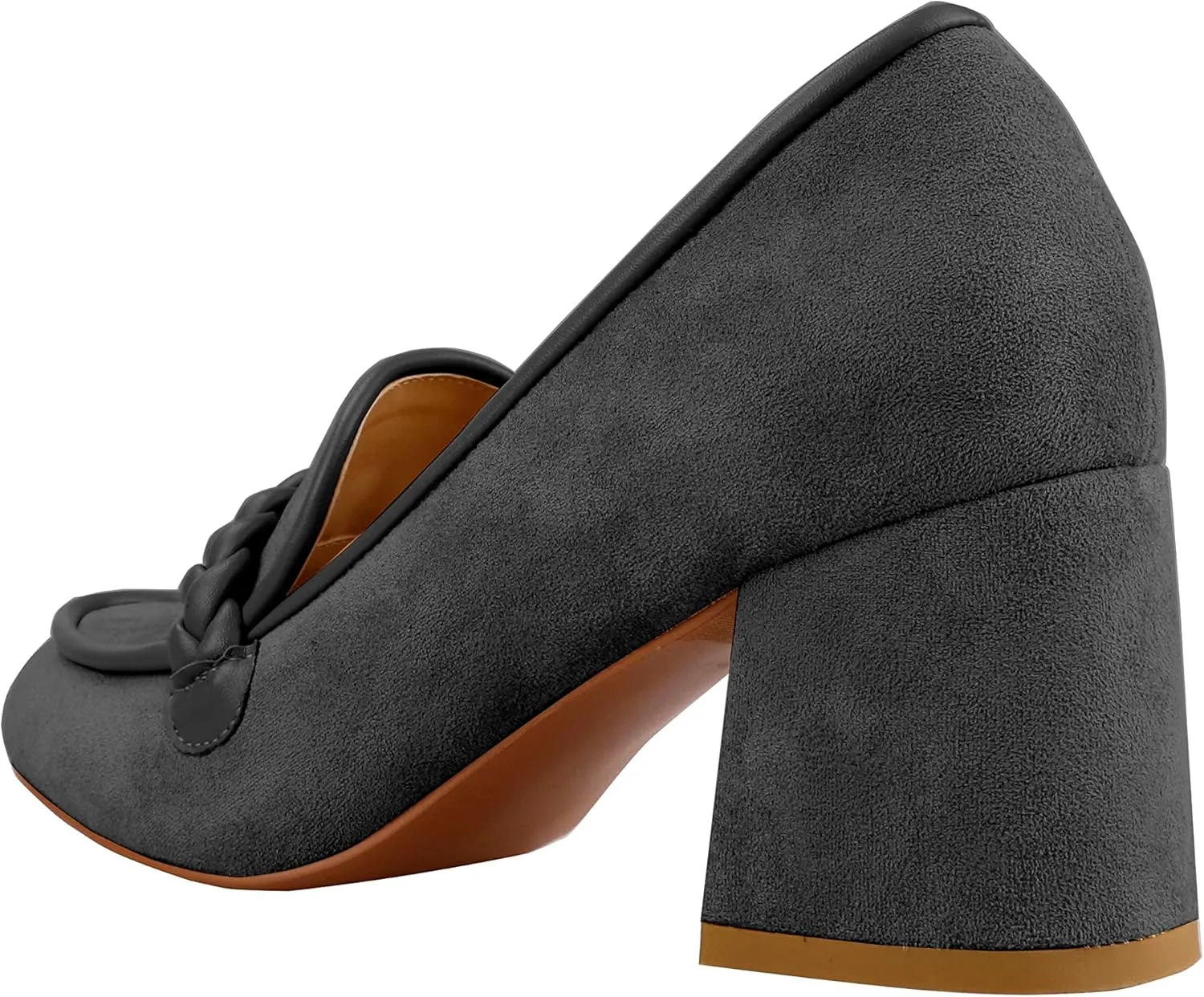 LEMUTISME Women's Elegant Faux Suede Round Toe Braided Strap Chunky Loafers Comfortable Mid Block Heel Slip On 2IN Dress Pumps Shoes for Work Office