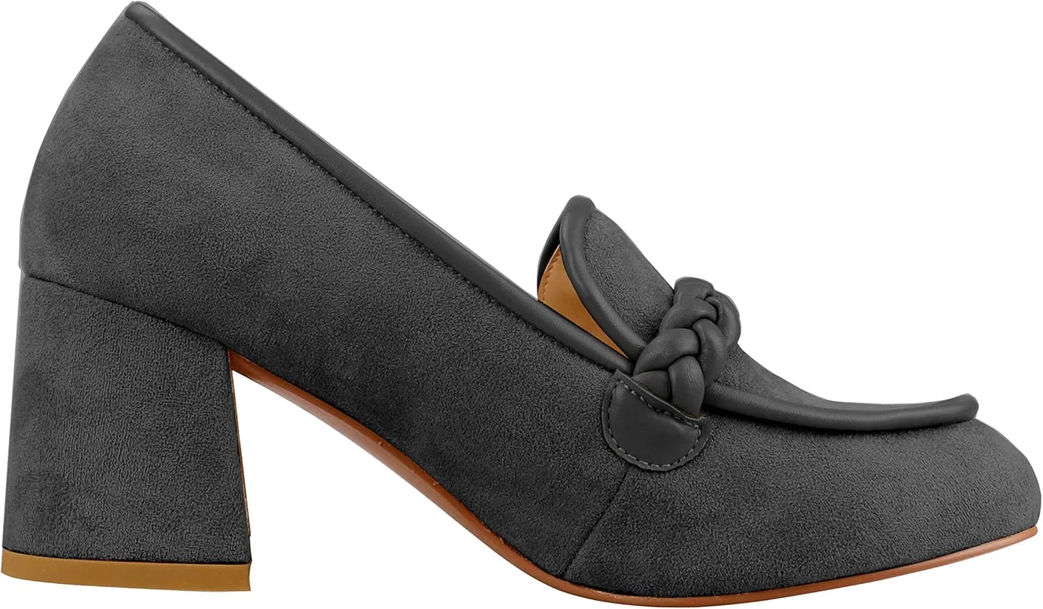 LEMUTISME Women's Elegant Faux Suede Round Toe Braided Strap Chunky Loafers Comfortable Mid Block Heel Slip On 2IN Dress Pumps Shoes for Work Office
