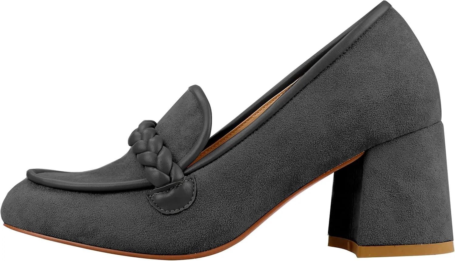 LEMUTISME Women's Elegant Faux Suede Round Toe Braided Strap Chunky Loafers Comfortable Mid Block Heel Slip On 2IN Dress Pumps Shoes for Work Office