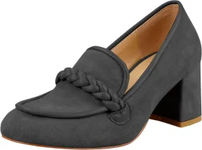 LEMUTISME Women's Elegant Faux Suede Round Toe Braided Strap Chunky Loafers Comfortable Mid Block Heel Slip On 2IN Dress Pumps Shoes for Work Office