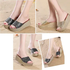 Lymphvity Women's Crystal Open Toe Wedge Sandals Slides,Summer Fashion Outdoor Platform High Heeled Casual Dress Rhinestones Wedge Sandals
