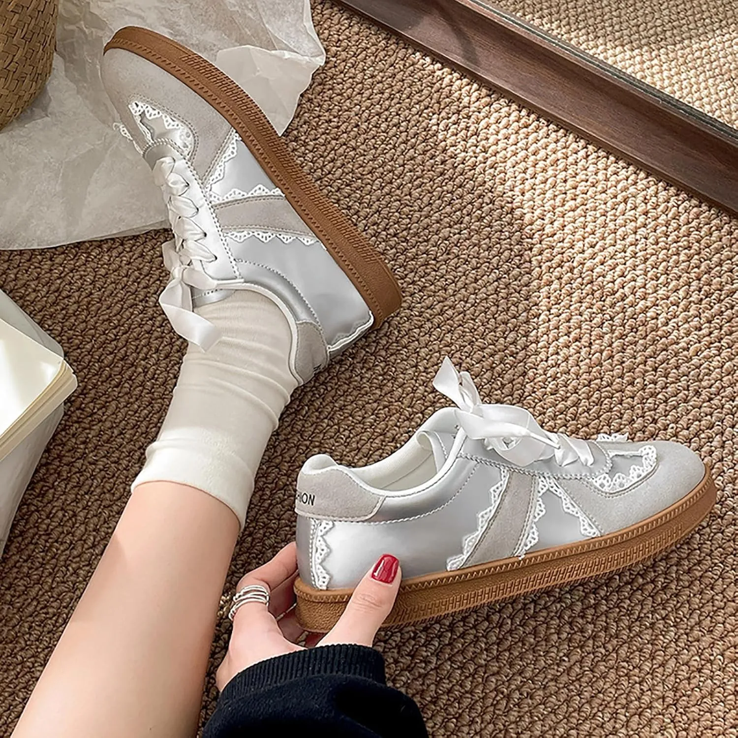 Mnplciea Womens Ballet Style Fashion Sneaker Lace Detail Casual Shoes Elegant Ribbon Lace Up Sneakers with Memory Foam