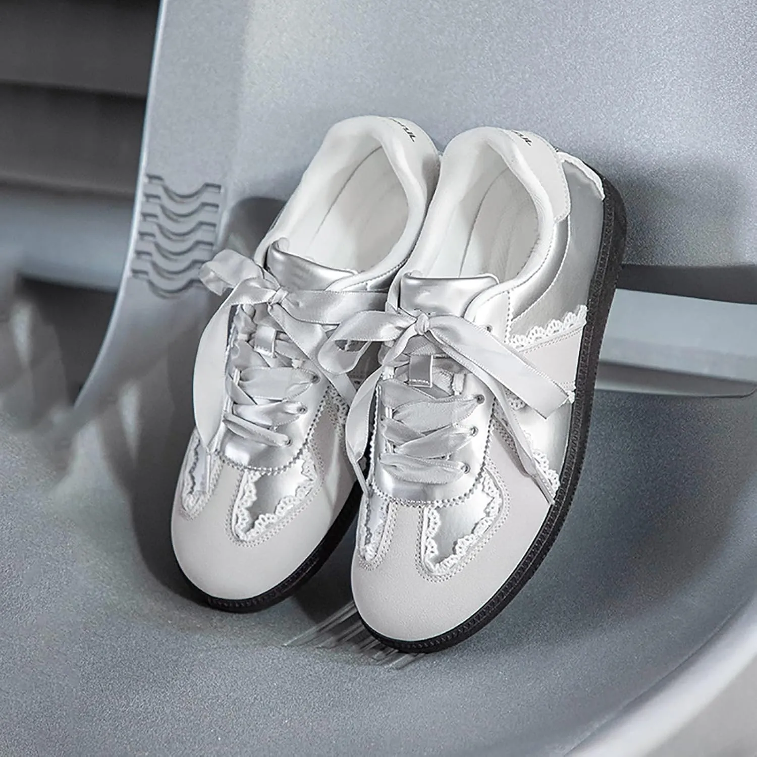 Mnplciea Womens Ballet Style Fashion Sneaker Lace Detail Casual Shoes Elegant Ribbon Lace Up Sneakers with Memory Foam
