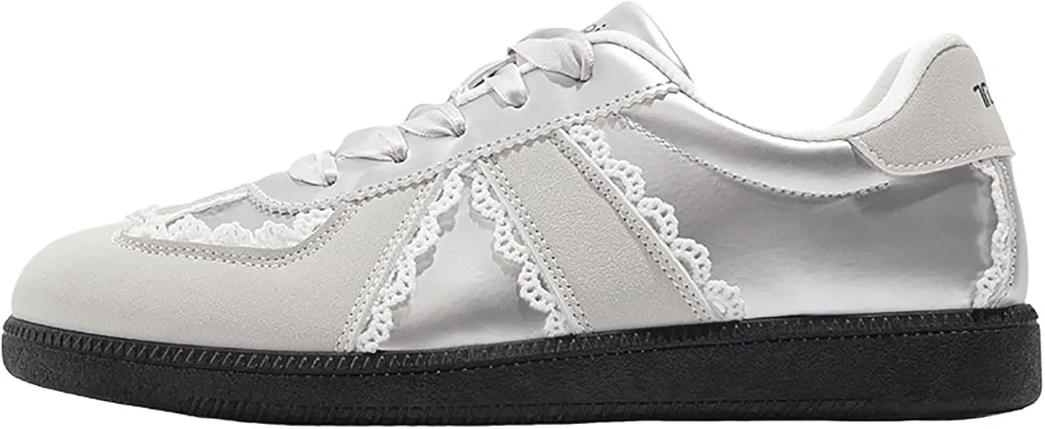 Mnplciea Womens Ballet Style Fashion Sneaker Lace Detail Casual Shoes Elegant Ribbon Lace Up Sneakers with Memory Foam