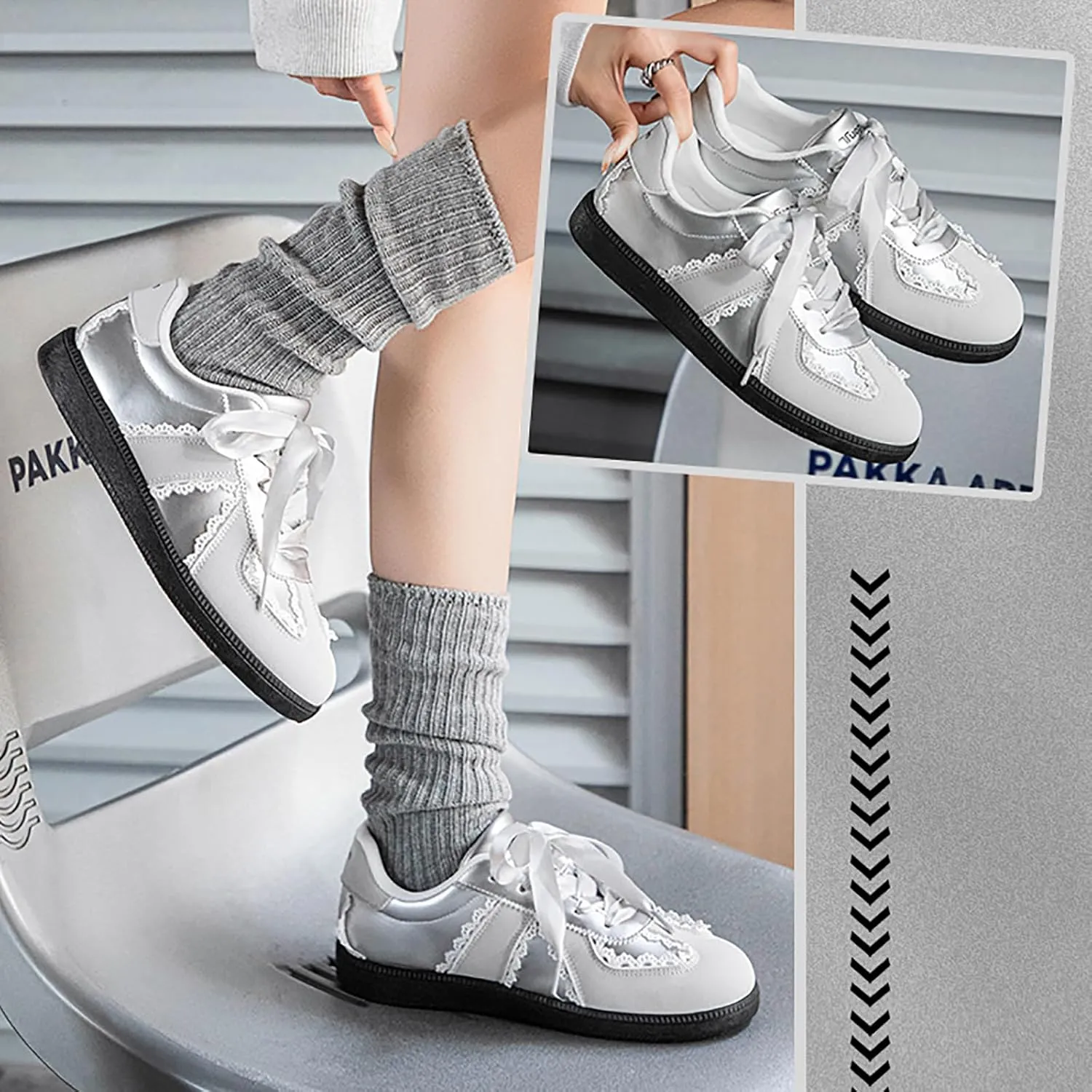 Mnplciea Womens Ballet Style Fashion Sneaker Lace Detail Casual Shoes Elegant Ribbon Lace Up Sneakers with Memory Foam