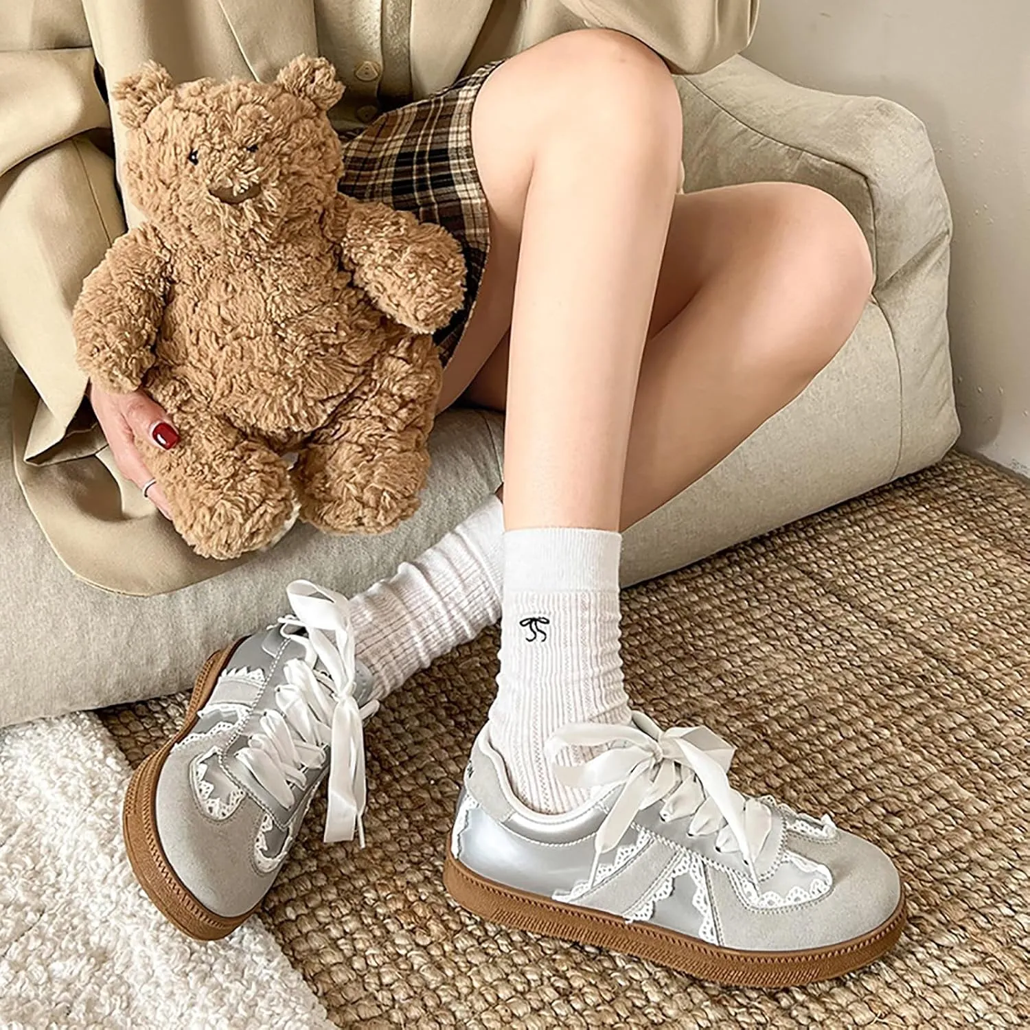 Mnplciea Womens Ballet Style Fashion Sneaker Lace Detail Casual Shoes Elegant Ribbon Lace Up Sneakers with Memory Foam