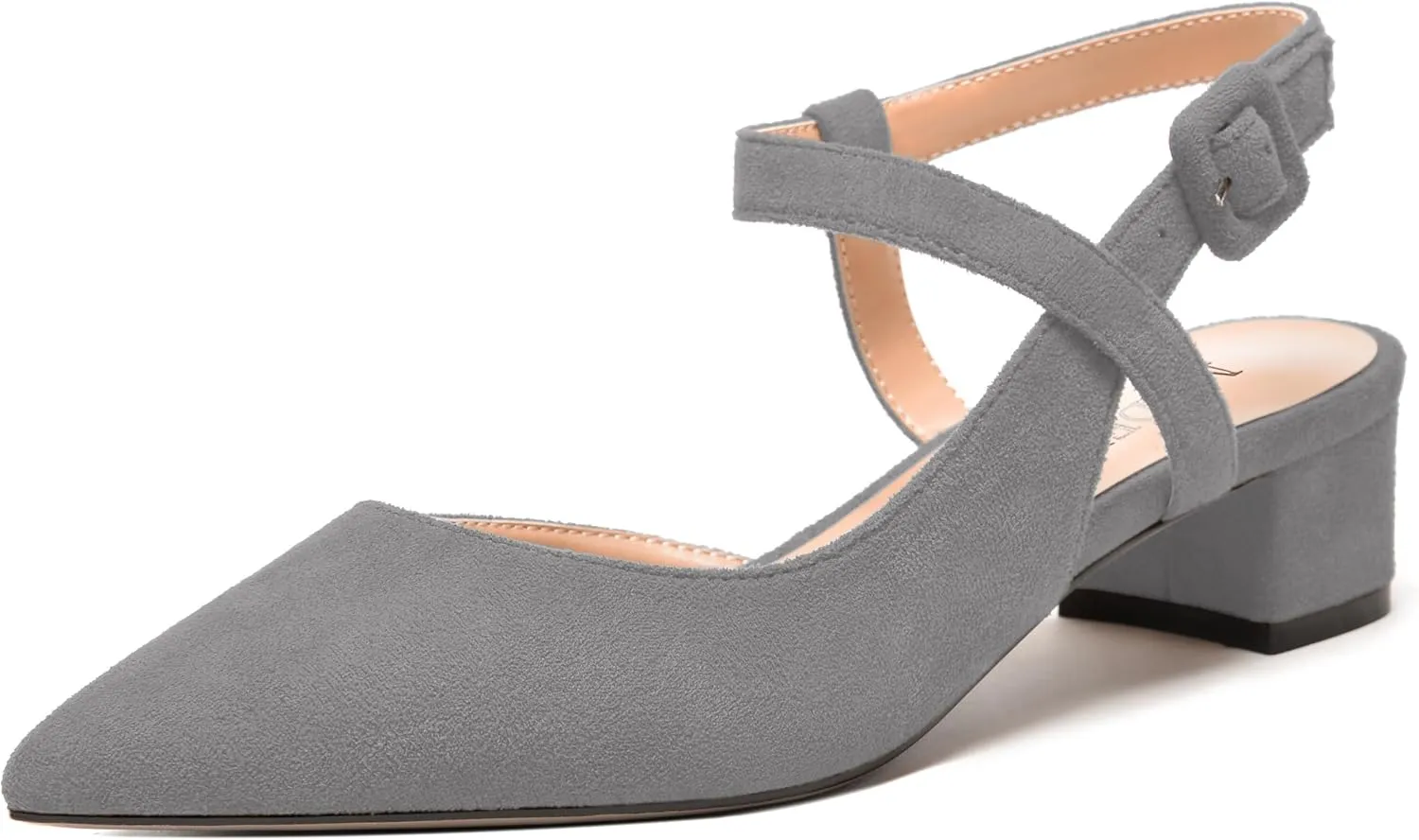 MODENCOCO Womens Comfortable Wedding Suede Pointed Toe Dress Ankle Strap Buckle Chunky Low Heel Pumps Shoes 1.5 Inch