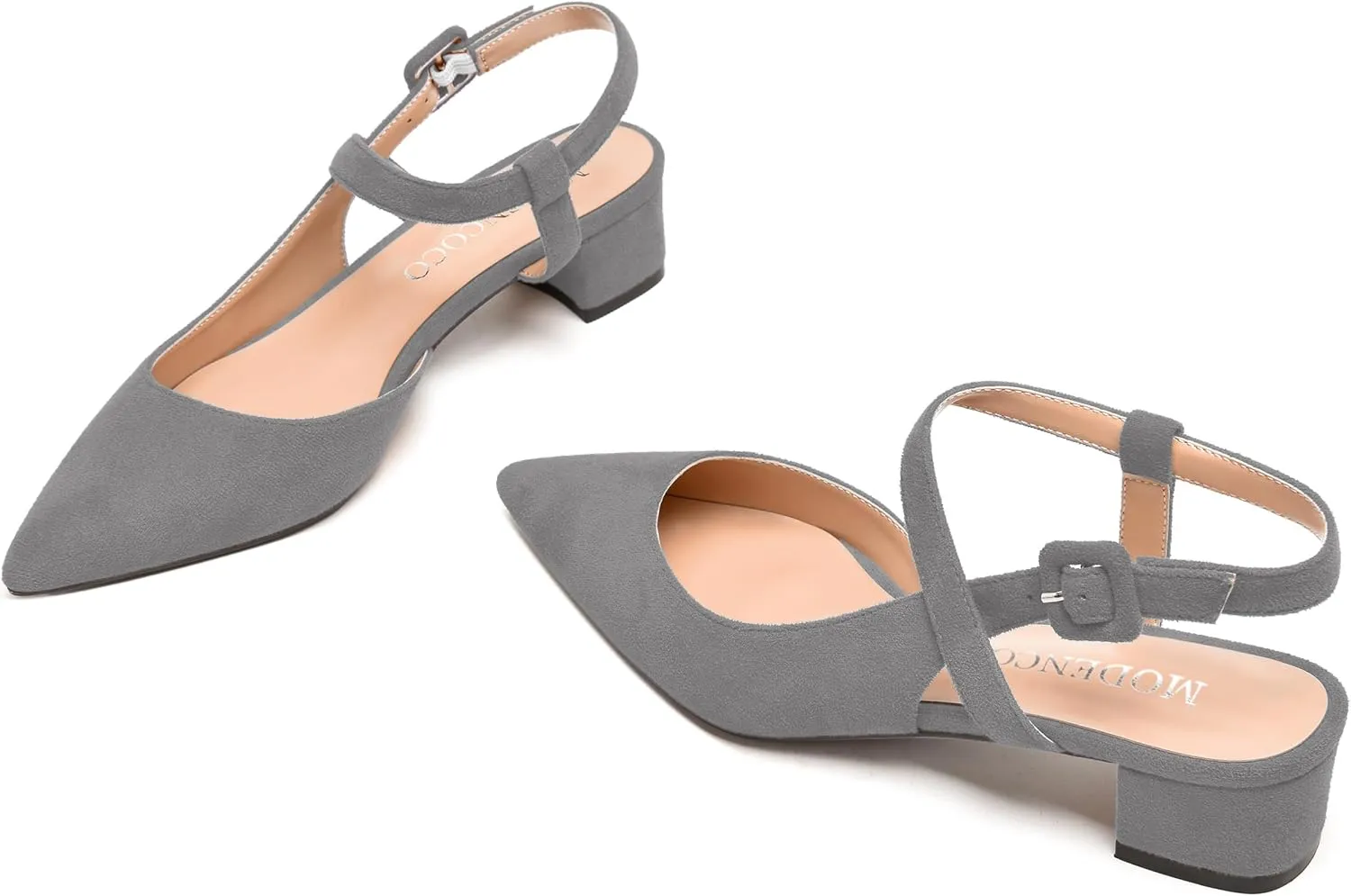 MODENCOCO Womens Comfortable Wedding Suede Pointed Toe Dress Ankle Strap Buckle Chunky Low Heel Pumps Shoes 1.5 Inch