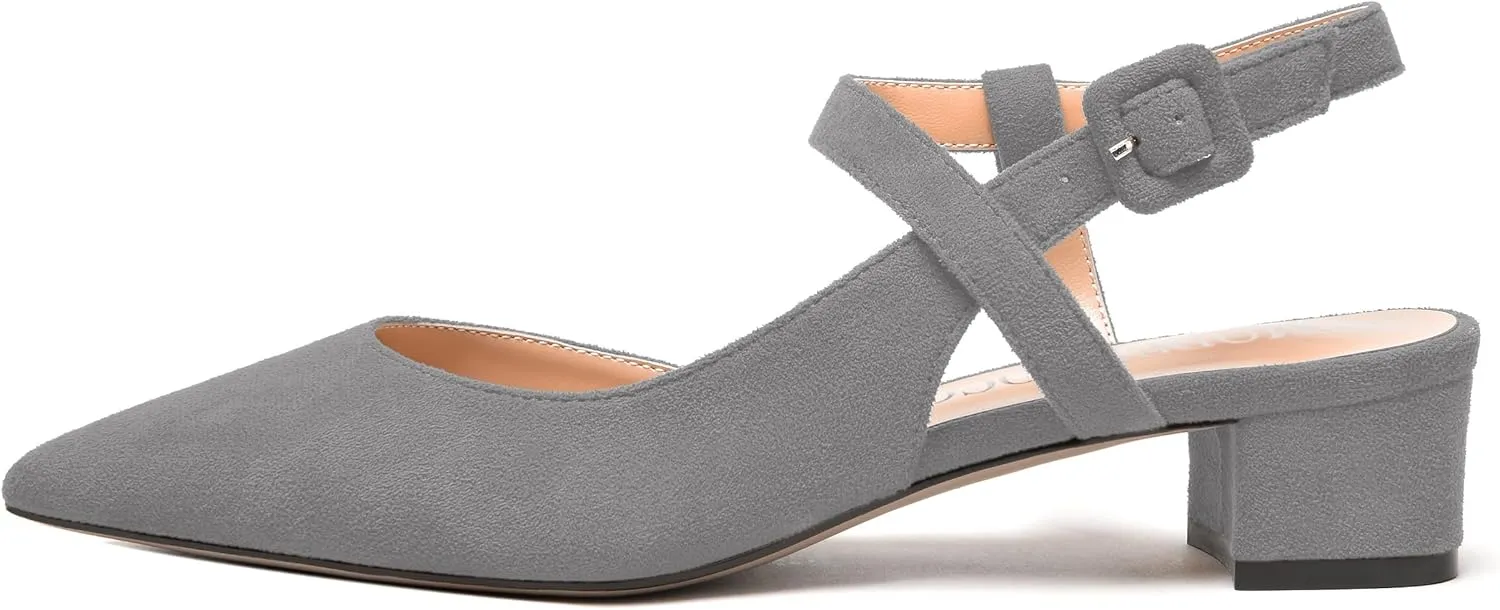 MODENCOCO Womens Comfortable Wedding Suede Pointed Toe Dress Ankle Strap Buckle Chunky Low Heel Pumps Shoes 1.5 Inch