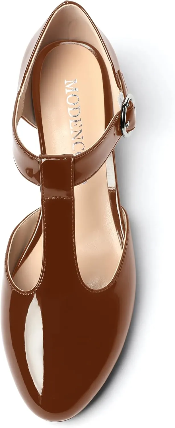 MODENCOCO Women's Round Toe Patent Buckle Dating Fashion T Strap Chunky Low Heel Pumps Dress Shoes 1.5 Inch