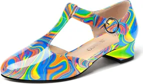 MODENCOCO Women's Round Toe Patent Buckle Dating Fashion T Strap Chunky Low Heel Pumps Dress Shoes 1.5 Inch