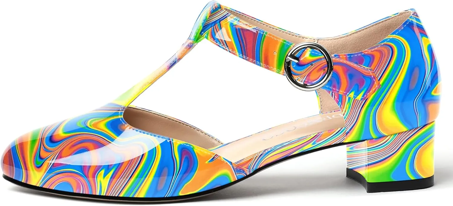 MODENCOCO Women's Round Toe Patent Buckle Dating Fashion T Strap Chunky Low Heel Pumps Dress Shoes 1.5 Inch