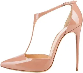 SAMMITOP Women's Pointed Toe High Heel Pumps T-Strap Dress Shoes 12cm Stilettos Heels