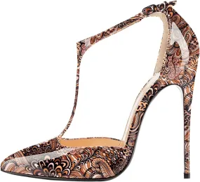 SAMMITOP Women's Pointed Toe High Heel Pumps T-Strap Dress Shoes 12cm Stilettos Heels