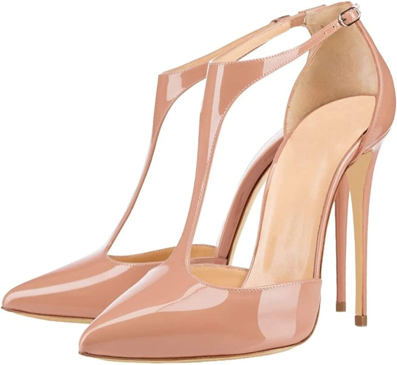 SAMMITOP Women's Pointed Toe High Heel Pumps T-Strap Dress Shoes 12cm Stilettos Heels