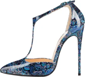 SAMMITOP Women's Pointed Toe High Heel Pumps T-Strap Dress Shoes 12cm Stilettos Heels