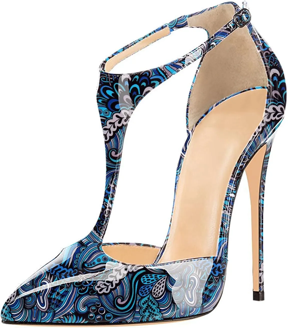 SAMMITOP Women's Pointed Toe High Heel Pumps T-Strap Dress Shoes 12cm Stilettos Heels