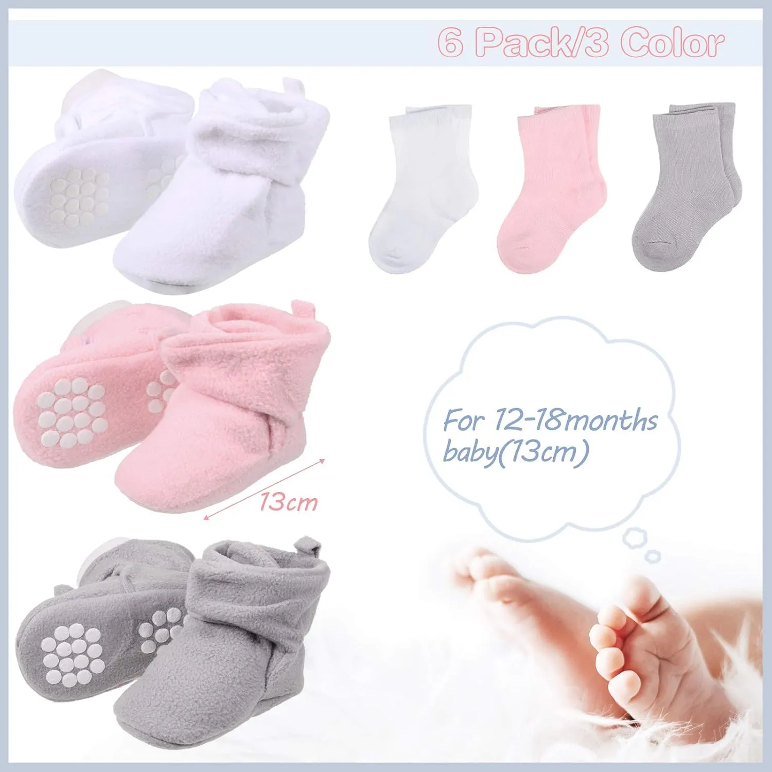 SATINIOR 3 Pairs Unisex Cozy Fleece Baby Booties with 3 Pairs Infant Cotton Socks