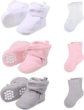 SATINIOR 3 Pairs Unisex Cozy Fleece Baby Booties with 3 Pairs Infant Cotton Socks