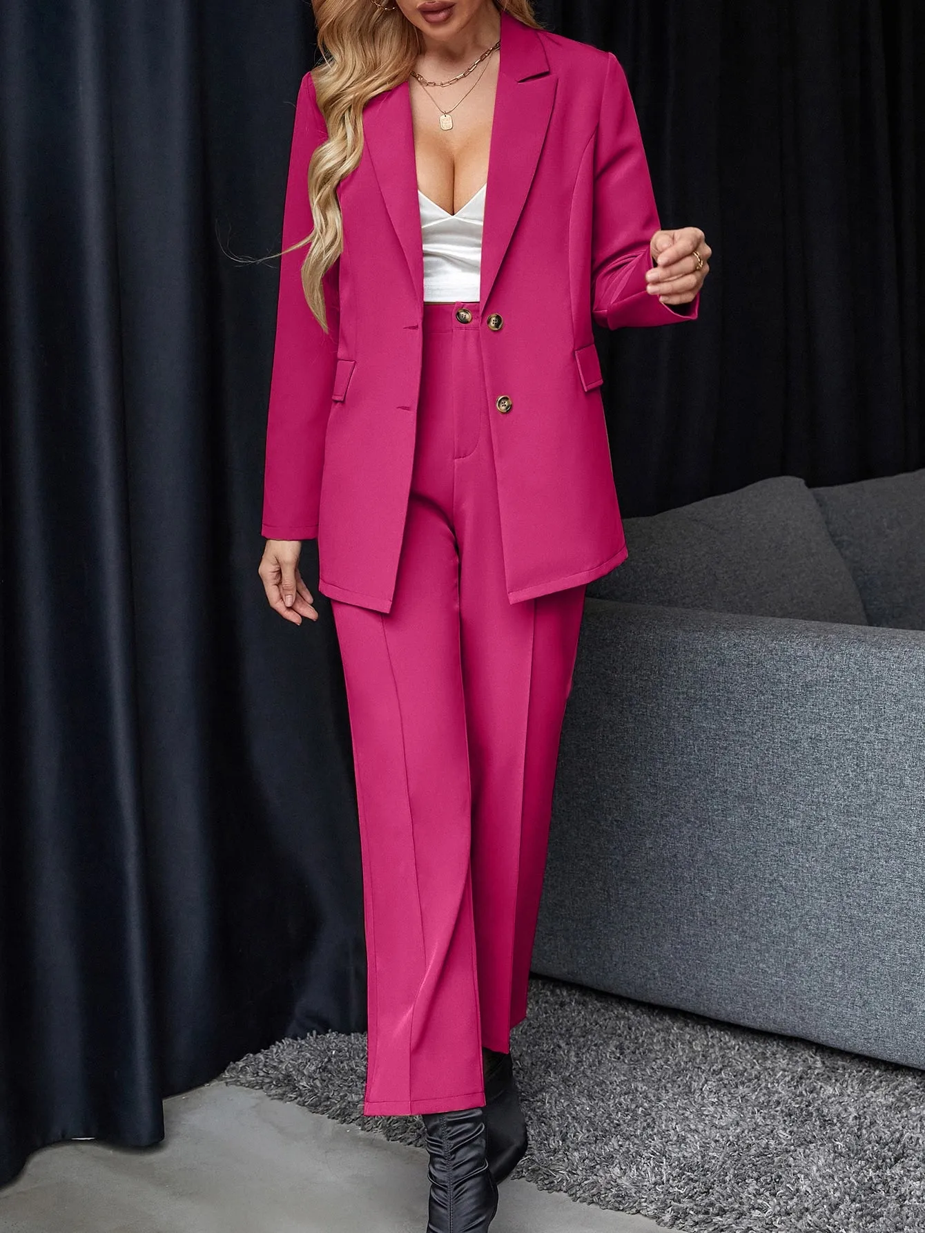 Solid Single Button Blazer & Suit Pants