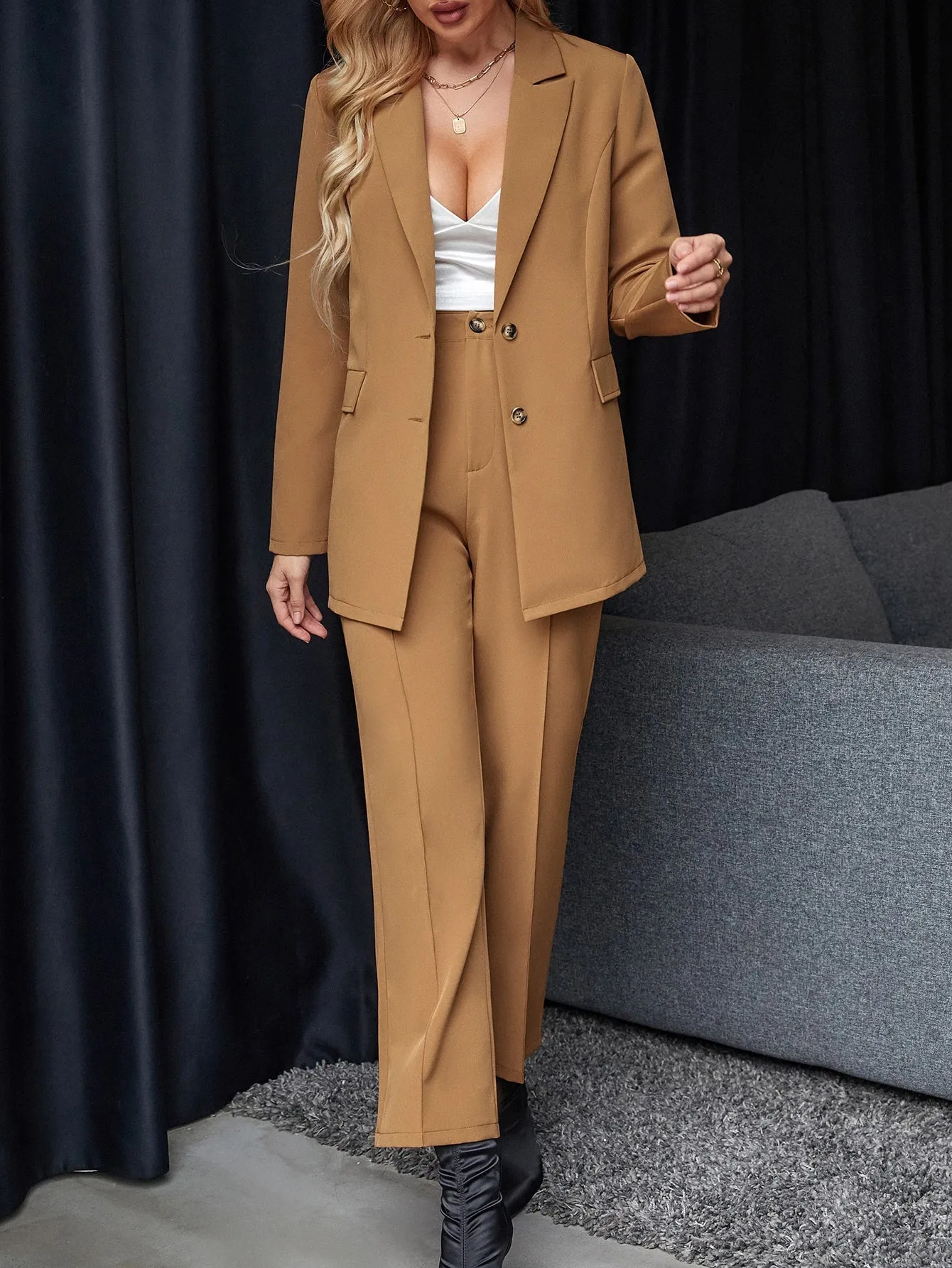 Solid Single Button Blazer & Suit Pants