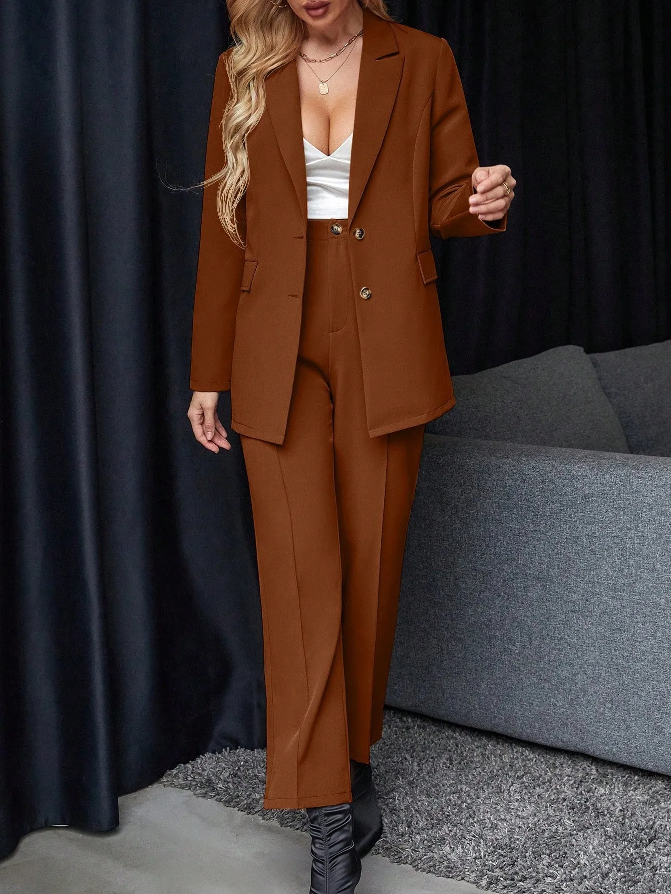 Solid Single Button Blazer & Suit Pants