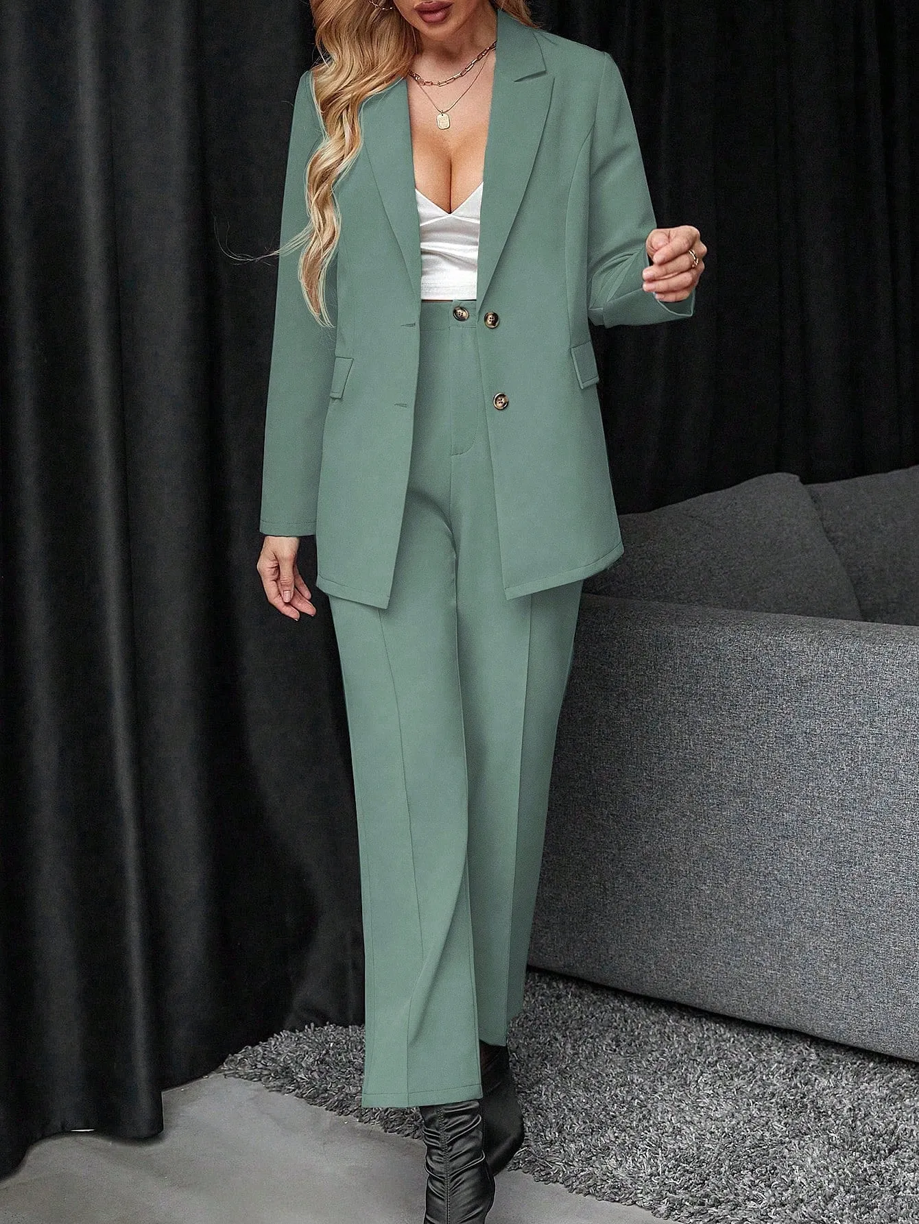 Solid Single Button Blazer & Suit Pants