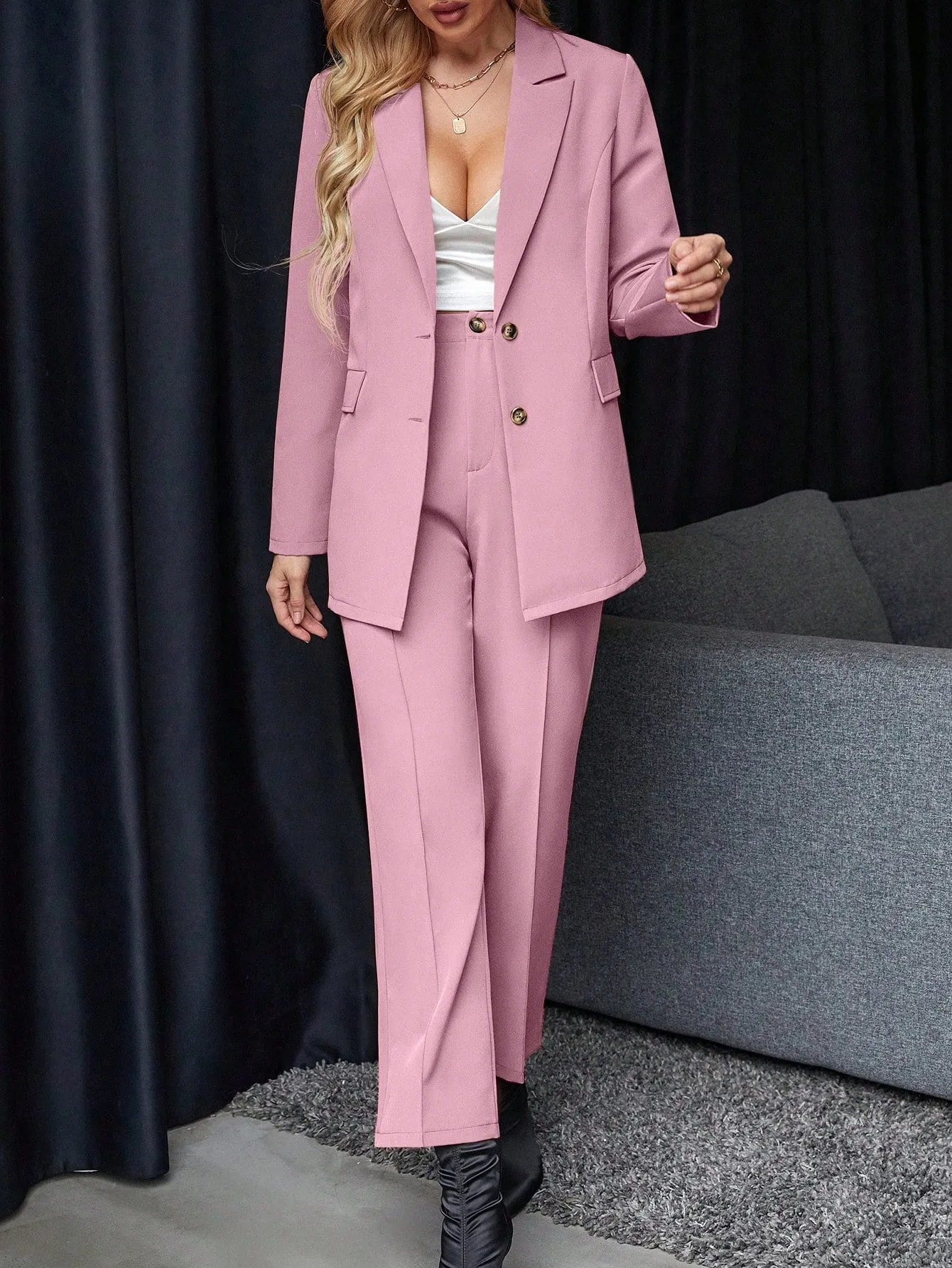 Solid Single Button Blazer & Suit Pants
