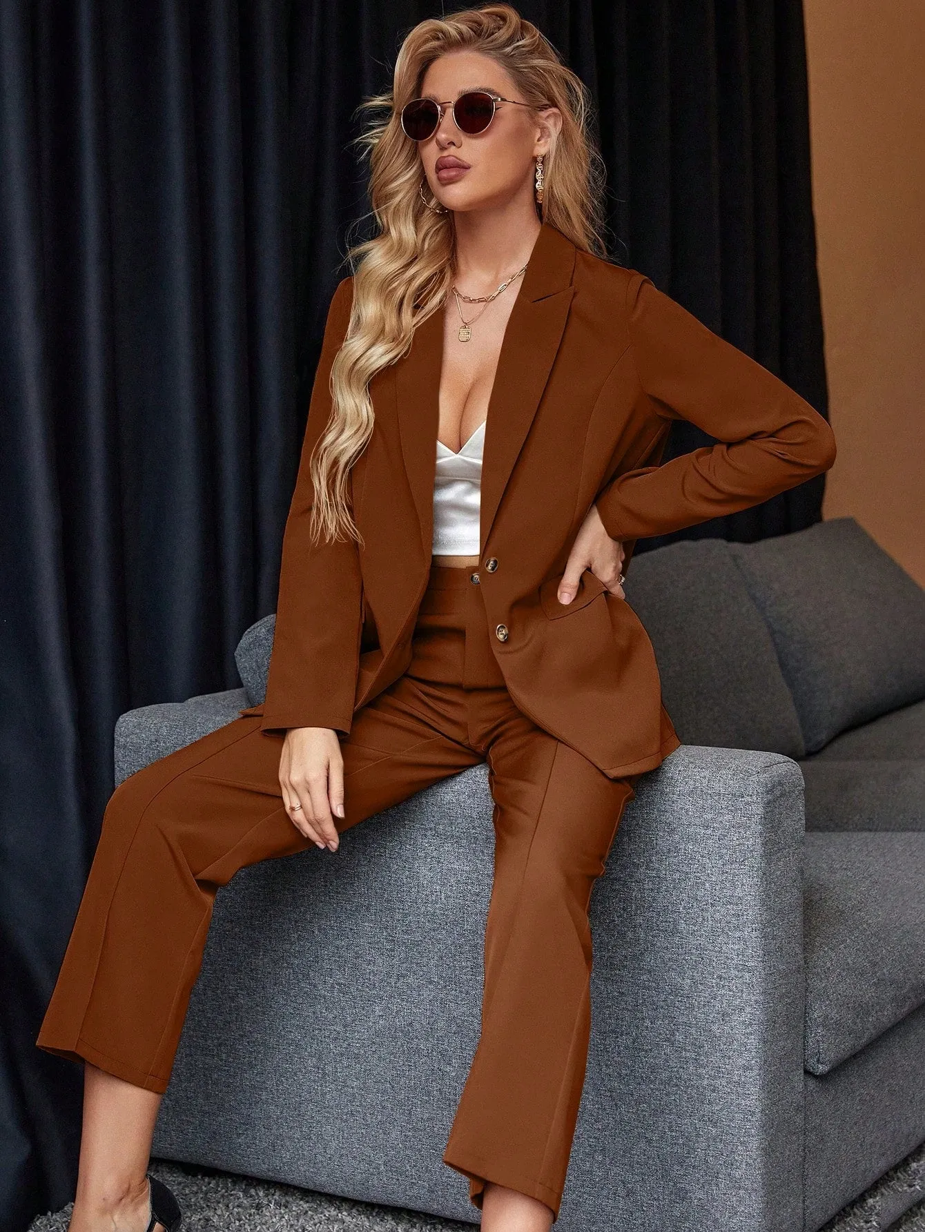 Solid Single Button Blazer & Suit Pants