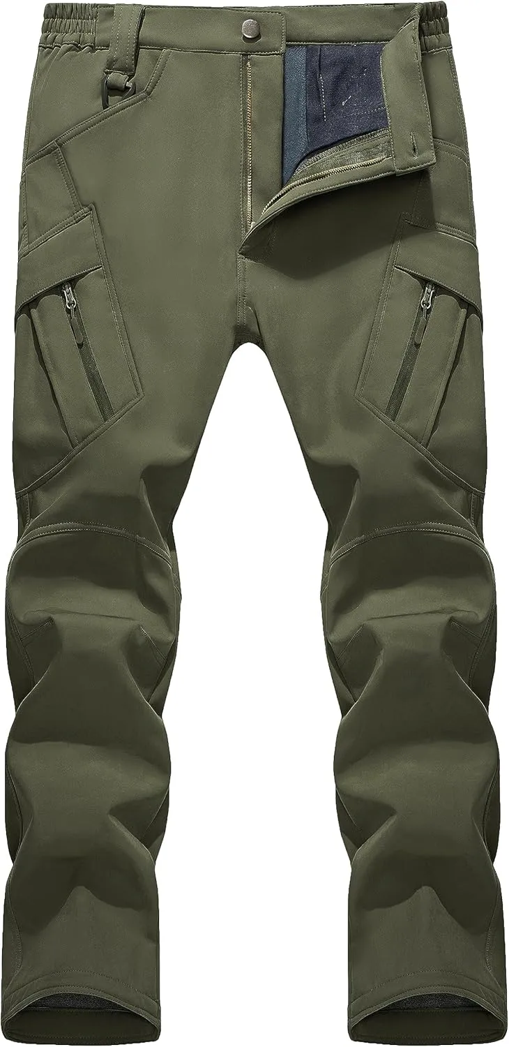 TACVASEN Men's Winter Pants 9 Pockets Fleece Snow Hiking Pants Water-Resistant Warm Softshell Thick Tactical Pants