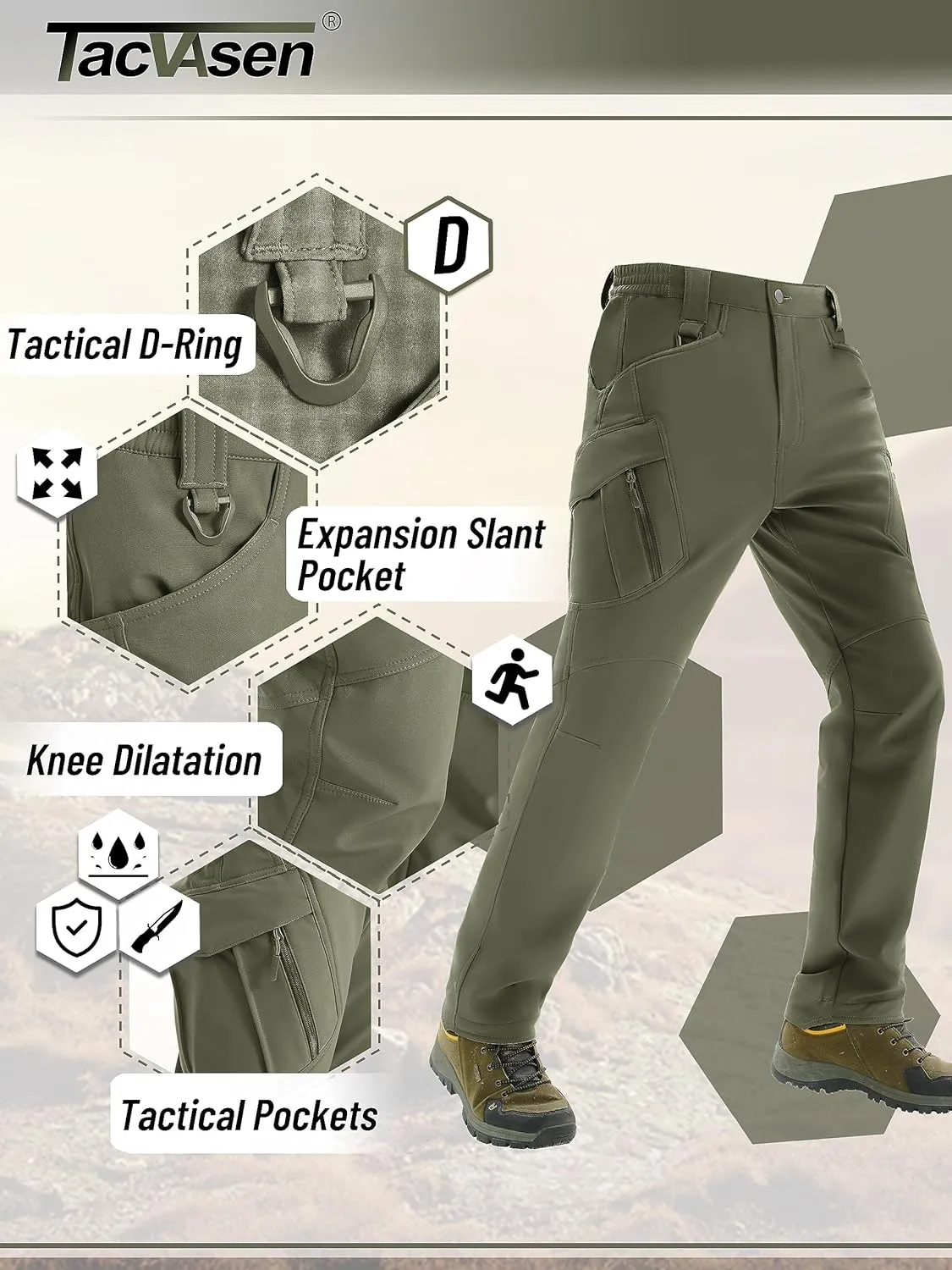 TACVASEN Men's Winter Pants 9 Pockets Fleece Snow Hiking Pants Water-Resistant Warm Softshell Thick Tactical Pants