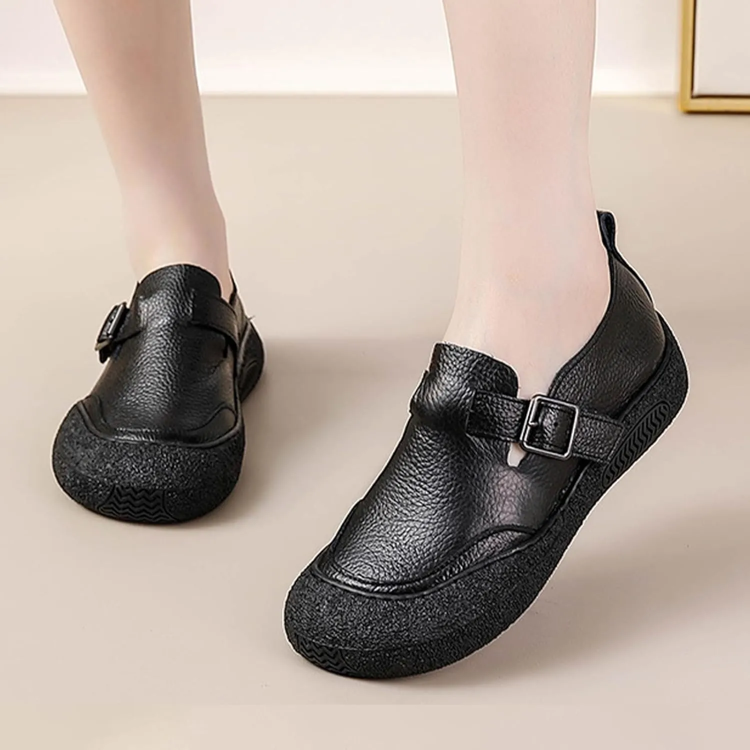 Women's Casual Cap Toe Leather Shoes,Vintage Comfortable Non-Slip Soft Sole Buckle Slip on Dress Flat Walking Loafers