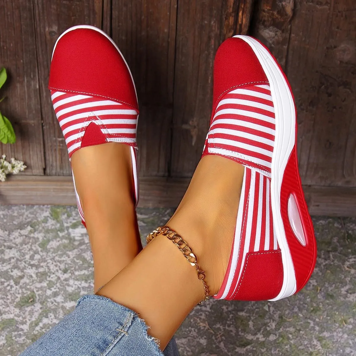 Women's Comfort Striped Slip-On Sneakers, Round Toe Low Top All-Season Comfort Loafer, Classic Casual Washable Shoes
