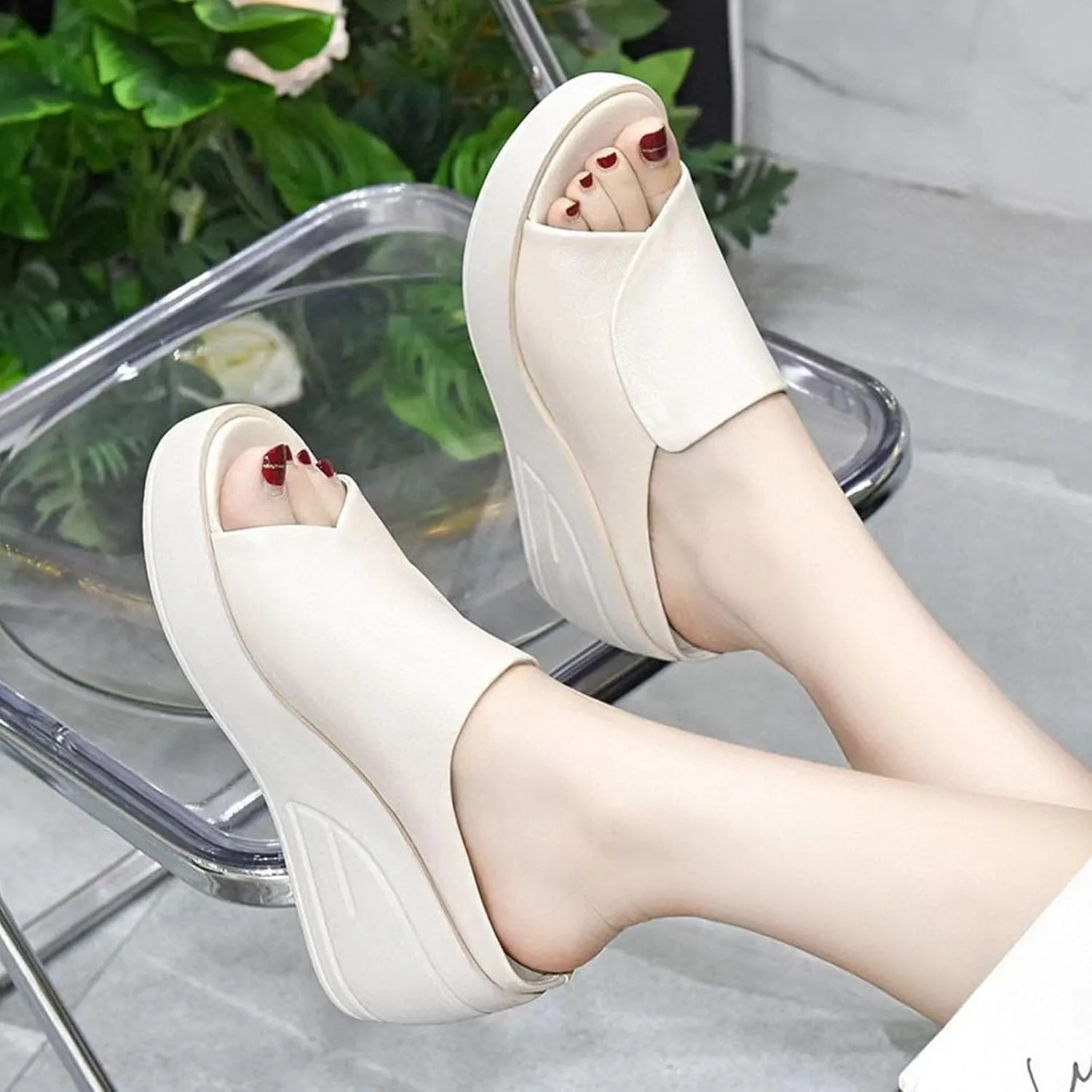 Women's Fish Mouth Platform Wedge Slippers,Lightweight Comfy Backless Mules Open Toe Non-slip Softsole Boho Beach Sandals